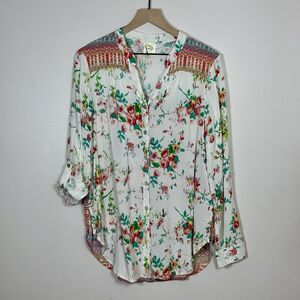 Fig & Flower Womens Blouse Top Size L Boho Floral Mixed Print Button Front